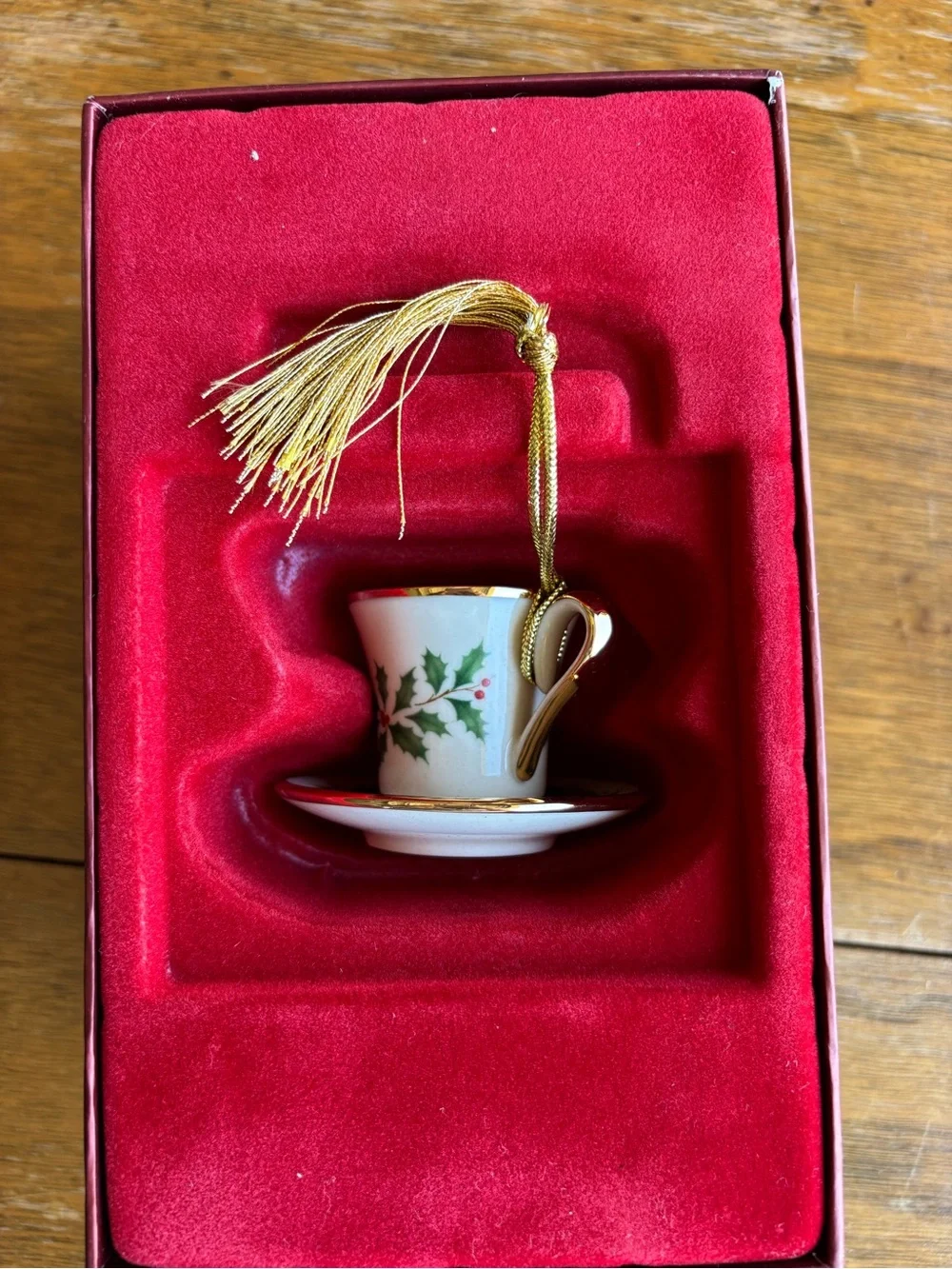 Lenox White Teacup Ornament with Green Holly and Gold Accents
